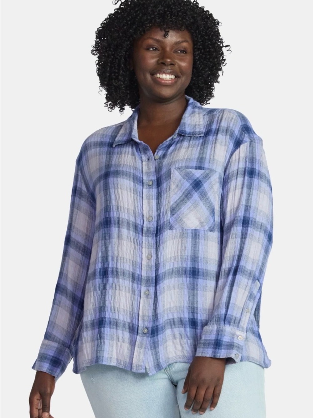 Terra & Sky Lavender Fleur Textured Plaid Button Down Curved Shirttail Blouse